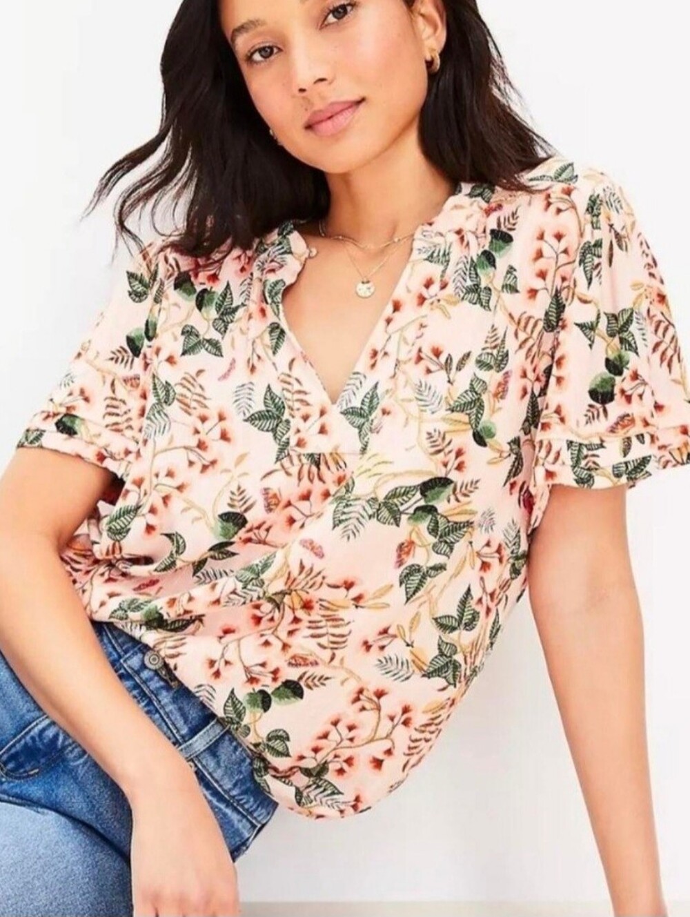 LOFT Pink Floral V-Neck Blouse with Green Leaf Print